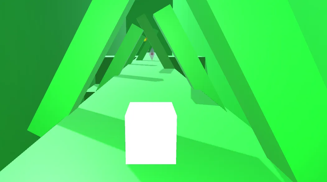 A white player cube navigating through a green bridge.