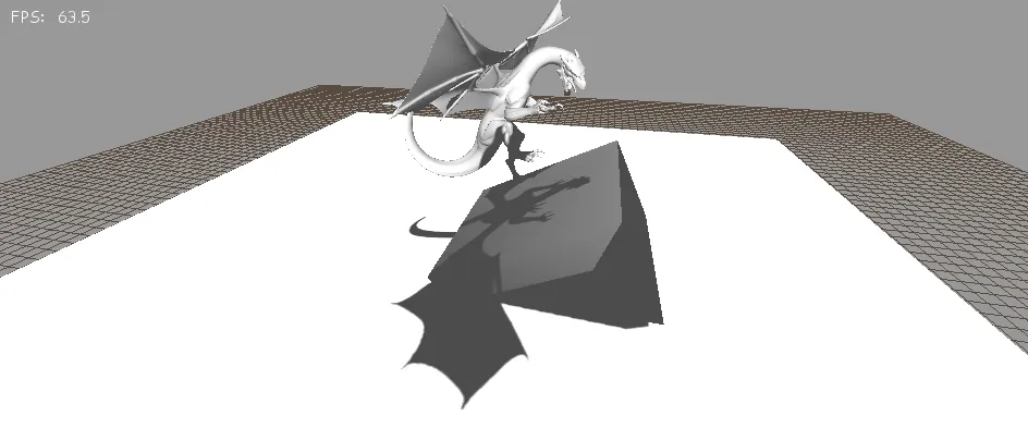 Screenshot of a dragon floating above a cube and plane. The dragon is casting shadows onto both surfaces.