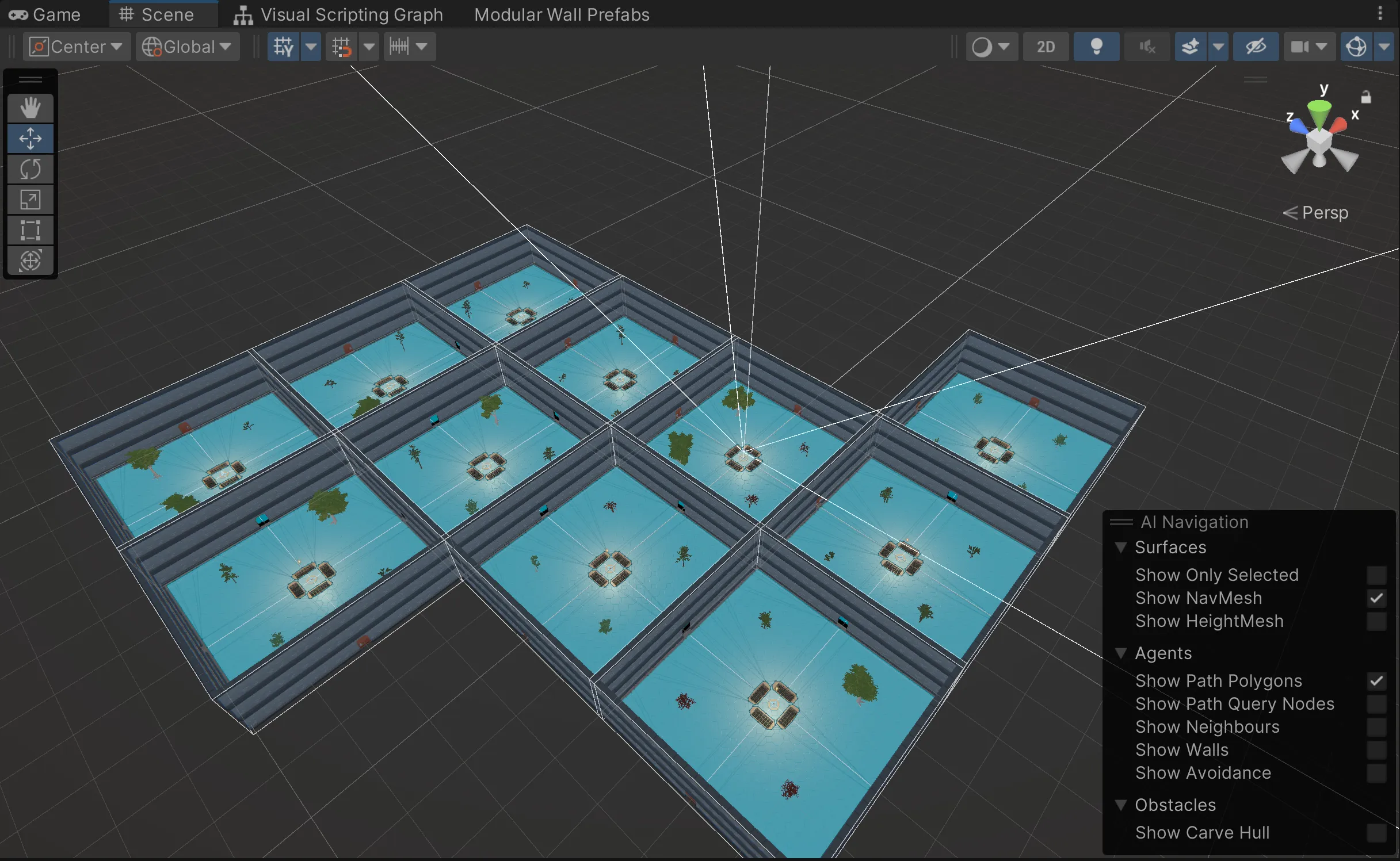 A screenshot of Unity Editor bird-eye's view of connected rooms.