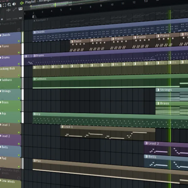 Perspective screenshot of a music project created in FL Studio.