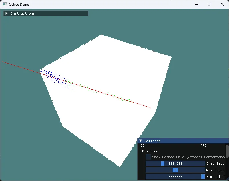 A screenshot of 3,500,000 points formed in a cube shape, with a ray penetrating through the cube