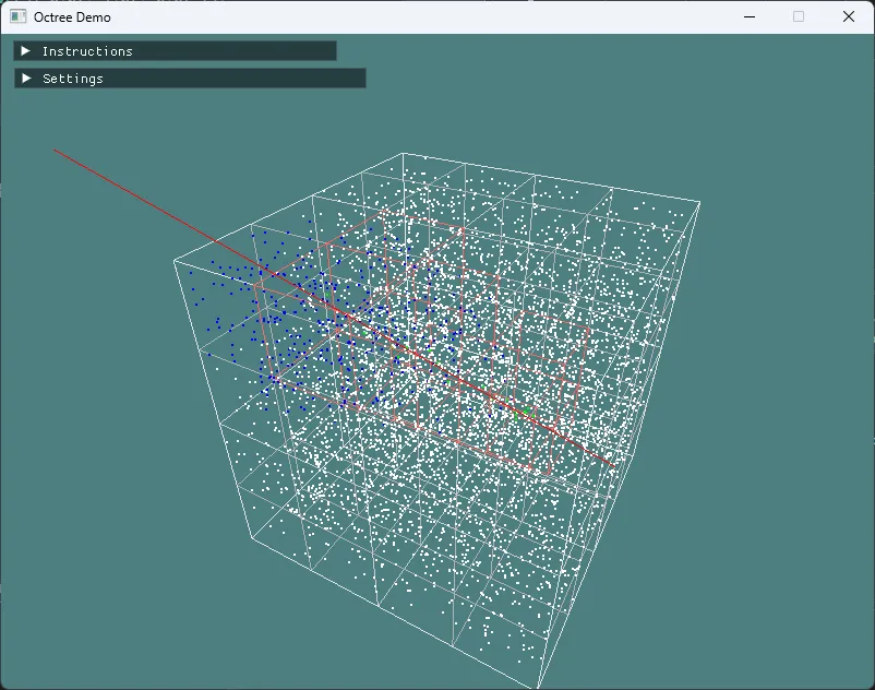 A ray penetrating a grid cube structure containing many dots