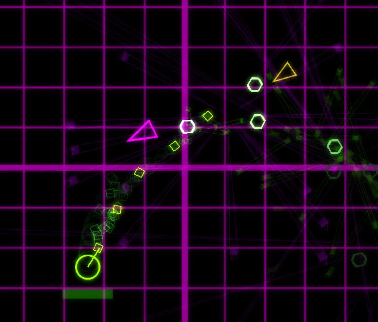 A retro-like screenshot of various shapes and particle effects, ontop of a purple grid.