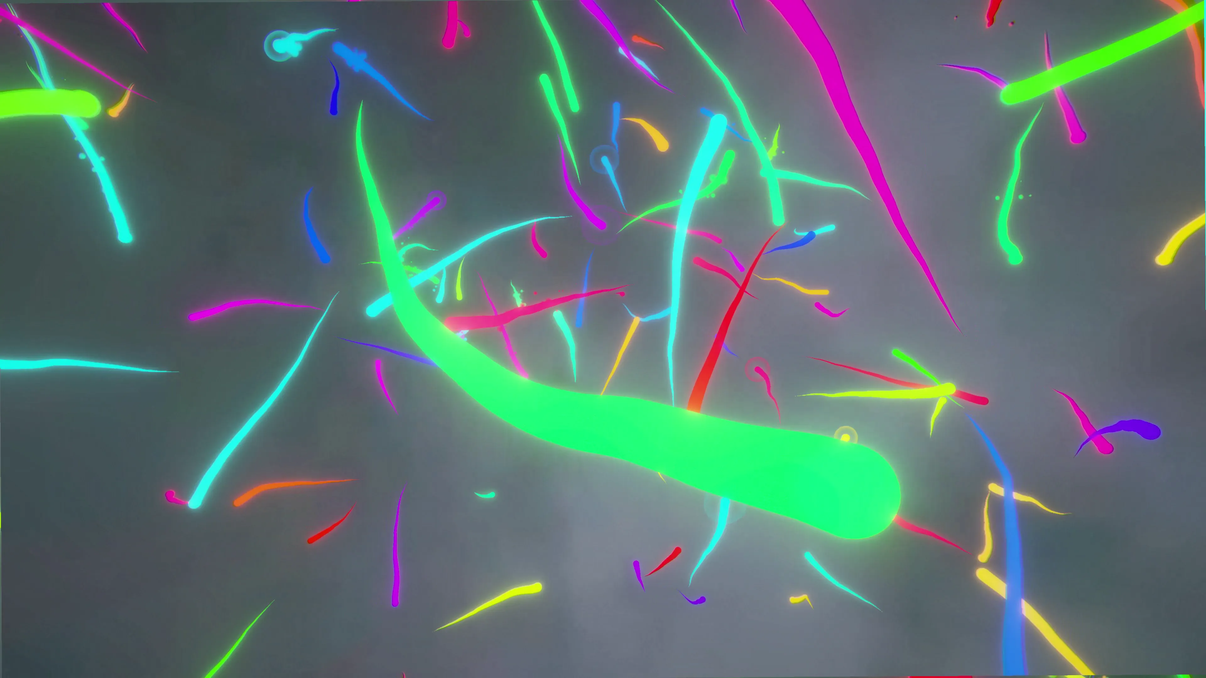 A scene with many colored trails, each going in their own direction.