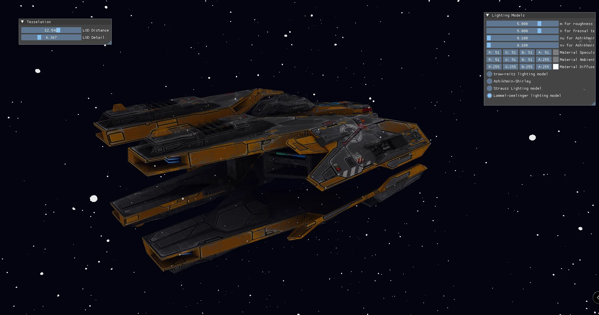 A textured ship, with many asteroid stars that are visible in the background.