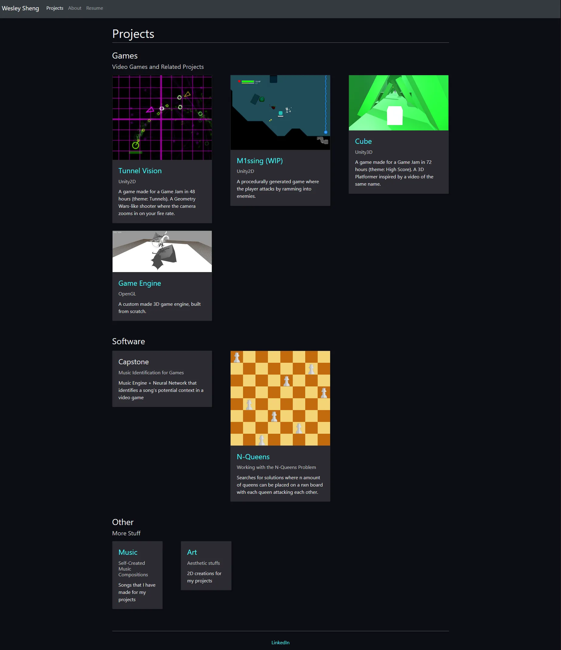 A screenshot of the projects page of the original 2018 website design.